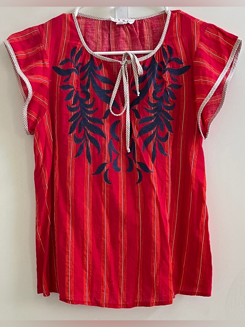 THML Red Striped Tie-Neck Tunic with Navy Embroidery Size:S Boho